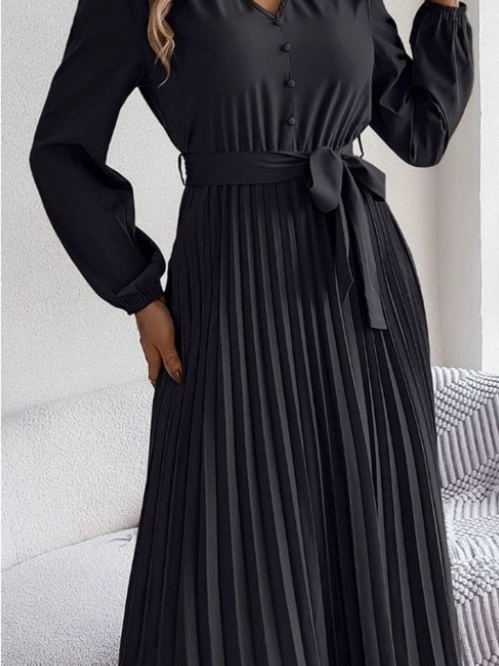 Black Pleated Long Sleeve Belted Dress - Women XL NWT fashion